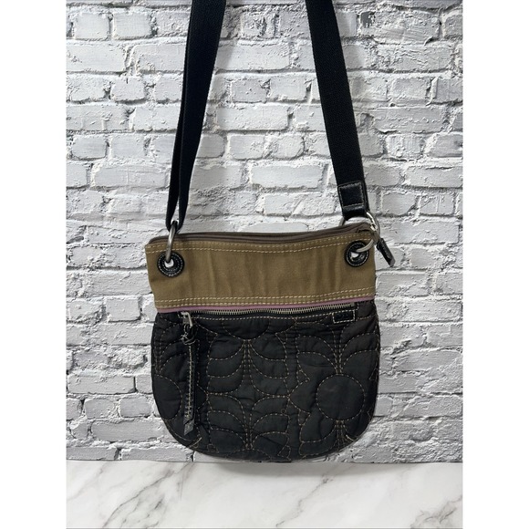 Vintage Fossil Key-Per Crossbody Bag Purse Quilted Canvas Black Brown ✅ - Picture 1 of 10